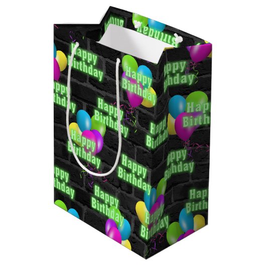 Neon Birthday en Balloons op Brick Medium Cadeauzakje (Achterkant Gekanteld)