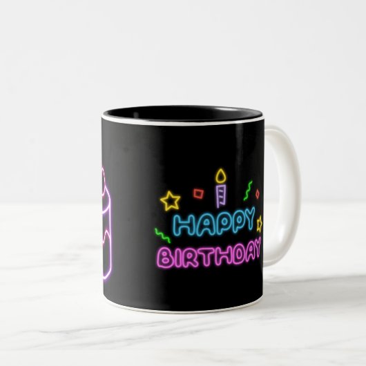 Neon birthday mug tweekleurige koffiemok (Voorkant rechts)