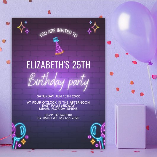 Neon Birthday Party Invitation Brick Wall Style Kaart