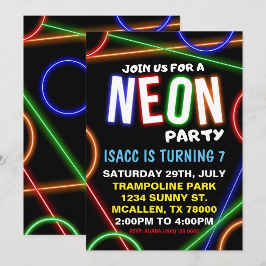Neon Birthday Party Invitation Kaart (Voorkant / Achterkant)
