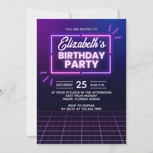 Neon Birthday Party Invitation Modern Glow Frame Kaart (Voorkant)