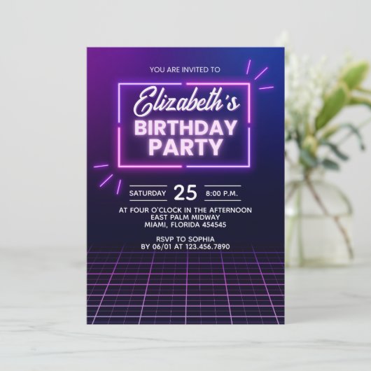 Neon Birthday Party Invitation Modern Glow Frame Kaart (Staand voorkant)