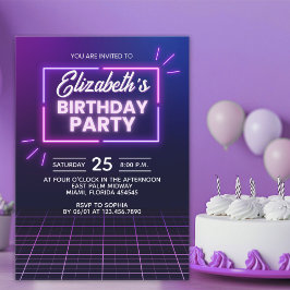 Neon Birthday Party Invitation Modern Glow Frame Kaart