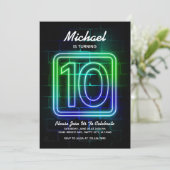 Neon Birthday-uitnodiging voor jongen 10th Birthda Kaart (Staand voorkant)