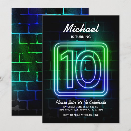Neon Birthday-uitnodiging voor jongen 10th Birthda Kaart (Voorkant / Achterkant)