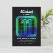 Neon Birthday-uitnodiging voor jongen 11th Birthda Kaart (Staand voorkant)