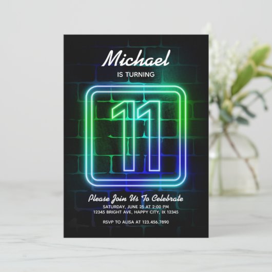 Neon Birthday-uitnodiging voor jongen 11th Birthda Kaart (Staand voorkant)