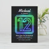 Neon Birthday-uitnodiging voor jongen 12th Birthda Kaart (Staand voorkant)