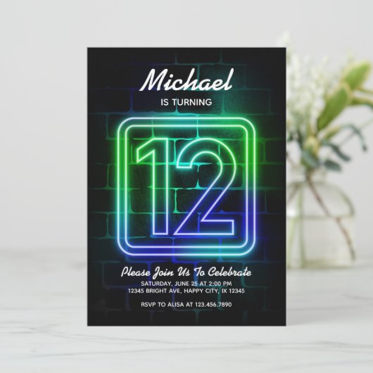 Neon Birthday-uitnodiging voor jongen 12th Birthda Kaart (Staand voorkant)