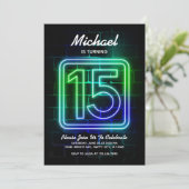 Neon Birthday-uitnodiging voor jongen 15th Birthda Kaart (Staand voorkant)