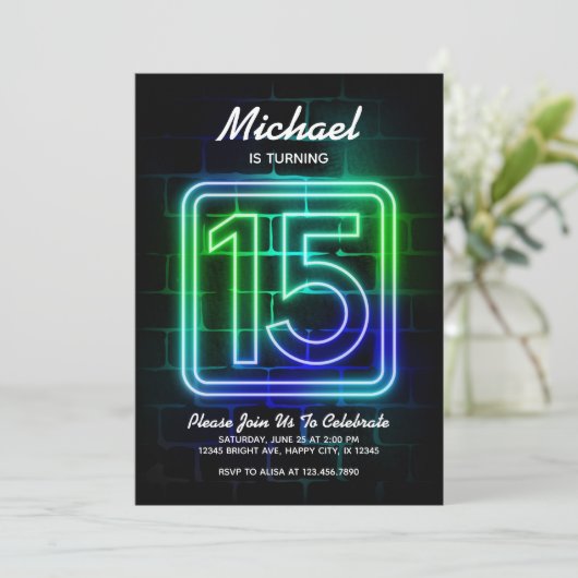 Neon Birthday-uitnodiging voor jongen 15th Birthda Kaart (Staand voorkant)