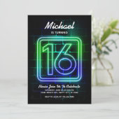 Neon Birthday-uitnodiging voor jongen 16th Birthda Kaart (Staand voorkant)