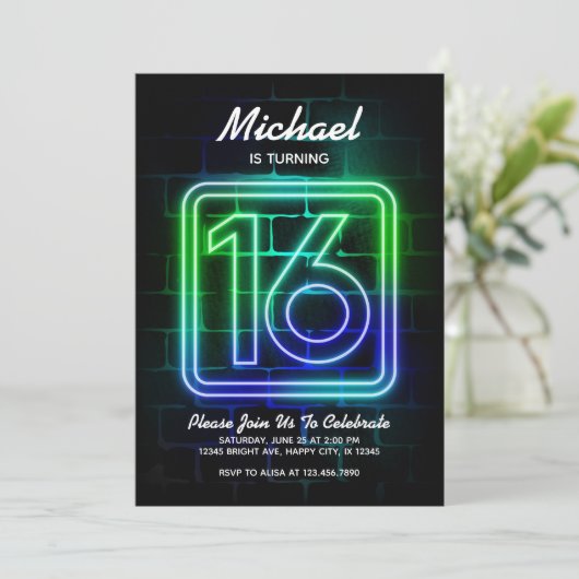 Neon Birthday-uitnodiging voor jongen 16th Birthda Kaart (Staand voorkant)
