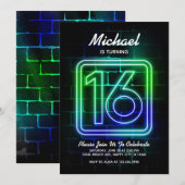 Neon Birthday-uitnodiging voor jongen 16th Birthda Kaart (Voorkant / Achterkant)
