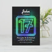 Neon Birthday-uitnodiging voor jongen 17th Birthda Kaart (Staand voorkant)