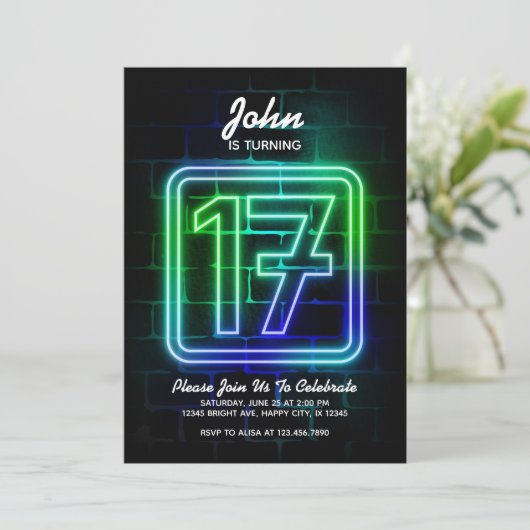 Neon Birthday-uitnodiging voor jongen 17th Birthda Kaart (Staand voorkant)