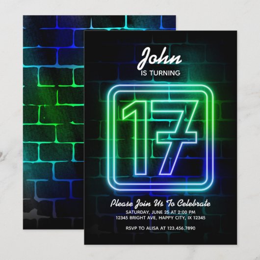Neon Birthday-uitnodiging voor jongen 17th Birthda Kaart (Voorkant / Achterkant)