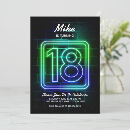 Neon Birthday-uitnodiging voor jongen 18th Birthda Kaart (Staand voorkant)