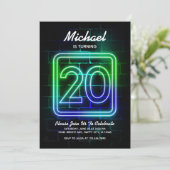 Neon Birthday-uitnodiging voor jongen 20th Birthda Kaart (Staand voorkant)