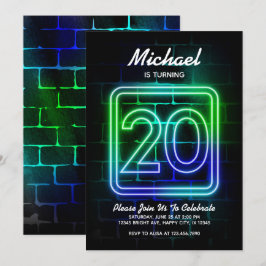 Neon Birthday-uitnodiging voor jongen 20th Birthda Kaart