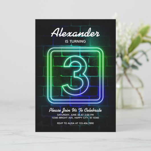 Neon Birthday-uitnodiging voor jongen 3rd Birthday Kaart (Staand voorkant)