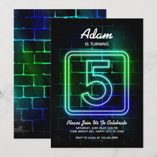 Neon Birthday-uitnodiging voor jongen 5th Birthday Kaart