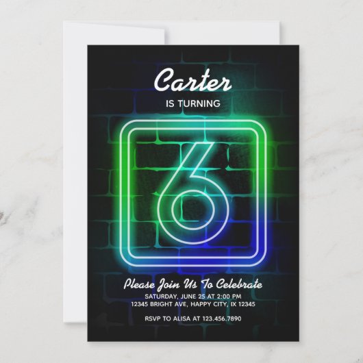 Neon Birthday-uitnodiging voor jongen 6th Birthday Kaart (Voorkant)