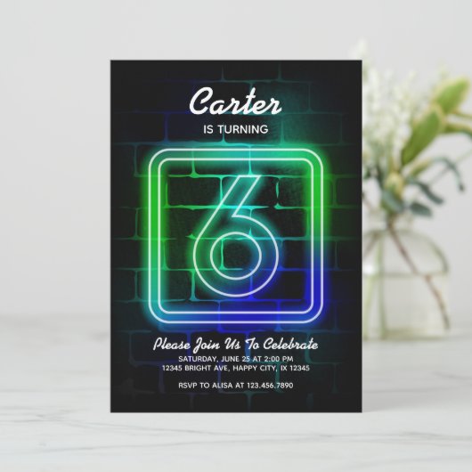 Neon Birthday-uitnodiging voor jongen 6th Birthday Kaart (Staand voorkant)