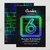 Neon Birthday-uitnodiging voor jongen 6th Birthday Kaart (Voorkant / Achterkant)