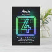 Neon Birthday-uitnodiging voor jongen van 4 septem Kaart (Staand voorkant)