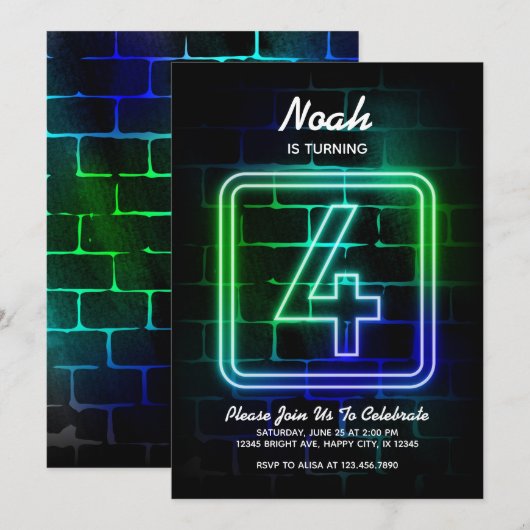 Neon Birthday-uitnodiging voor jongen van 4 septem Kaart (Voorkant / Achterkant)