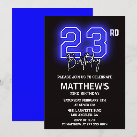 Neon Black 23e verjaardag uitnodigingen Mannen Spo (Voorkant / Achterkant)