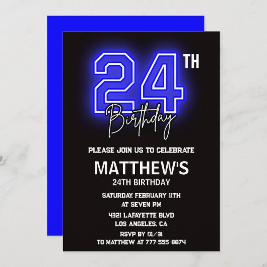 Neon Black 24e verjaardagsuitnodiging Mannen Sport Kaart (Voorkant / Achterkant)