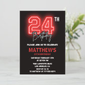 Neon Black 24e verjaardagsuitnodiging Mannen verja Kaart (Staand voorkant)
