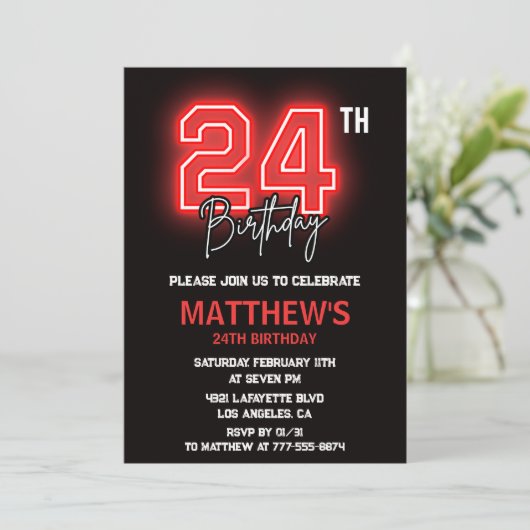 Neon Black 24e verjaardagsuitnodiging Mannen verja Kaart (Staand voorkant)