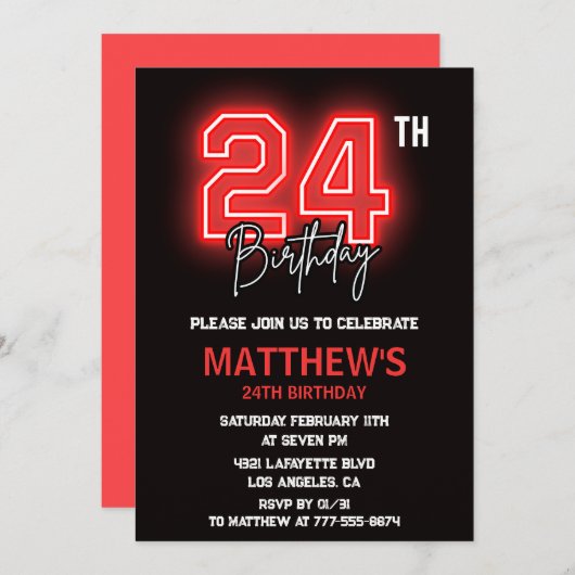 Neon Black 24e verjaardagsuitnodiging Mannen verja Kaart (Voorkant / Achterkant)