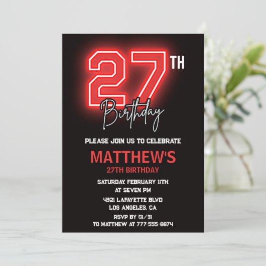 Neon Black 27e verjaardagsuitnodiging Mannen Kaart (Staand voorkant)