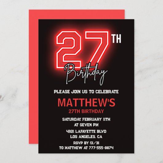 Neon Black 27e verjaardagsuitnodiging Mannen Kaart (Voorkant / Achterkant)
