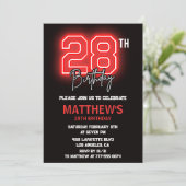 Neon Black 28e verjaardagsuitnodiging Mannen verja Kaart (Staand voorkant)