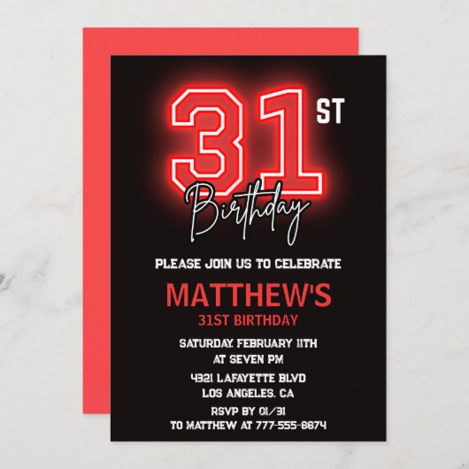 Neon Black 31e verjaardagsuitnodiging Mannen Verja Kaart (Voorkant / Achterkant)