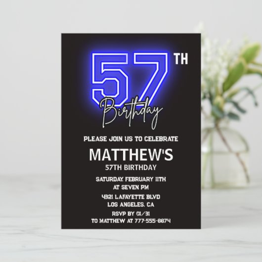 Neon Black 57e verjaardag uitnodigingen Mannen Spo (Staand voorkant)