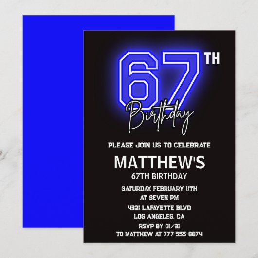 Neon Black 67e verjaardag uitnodigingen Mannen Spo (Voorkant / Achterkant)