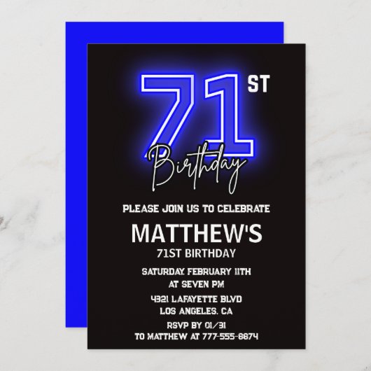 Neon Black 71e verjaardag uitnodigingen Mannen Spo (Voorkant / Achterkant)