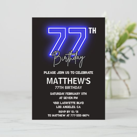 Neon Black 77e verjaardag uitnodigingen Mannen Spo (Staand voorkant)