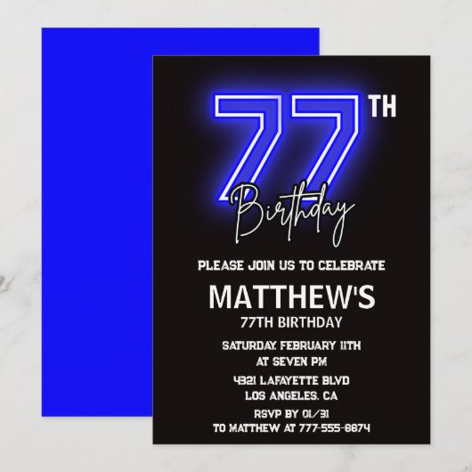 Neon Black 77e verjaardag uitnodigingen Mannen Spo (Voorkant / Achterkant)