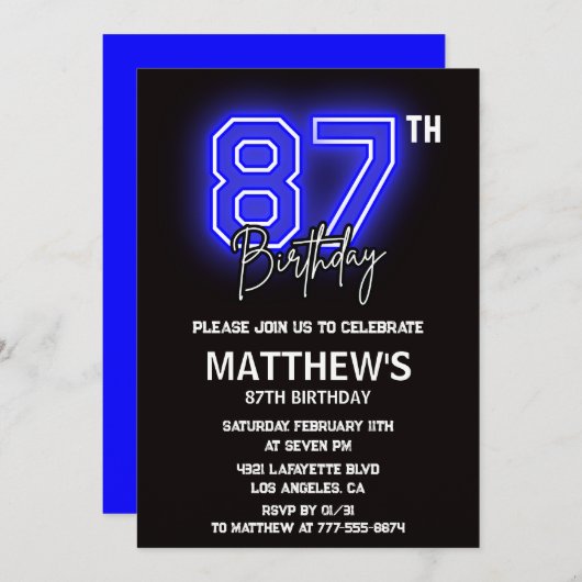 Neon Black 87e verjaardag uitnodigingen Mannen Spo (Voorkant / Achterkant)