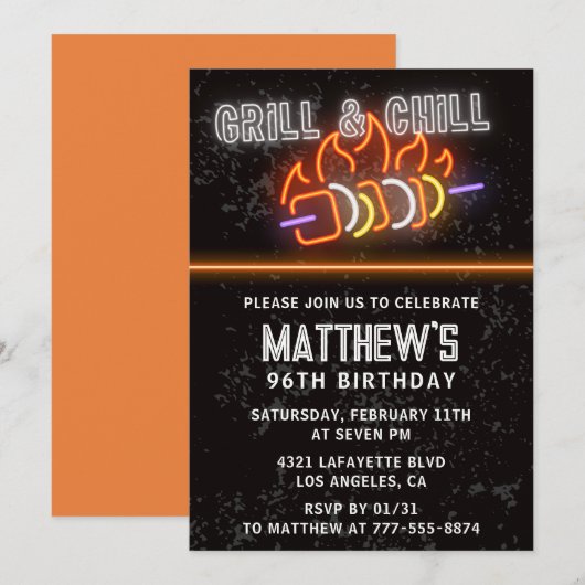 Neon Black Bbq Grill en Chill 96ste verjaardag Kaart (Voorkant / Achterkant)