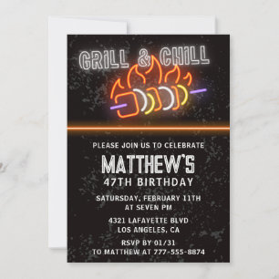 Neon Black Bbq Grill en Chillen 47e verjaardag Kaart