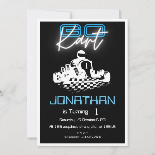 Neon Black Go-Kart Verjaardagsuitnodiging Kaart (Voorkant)