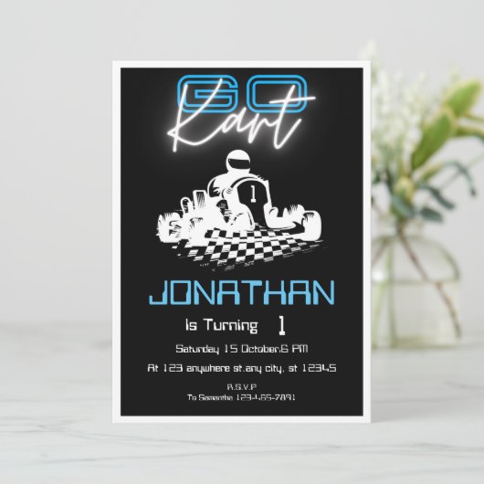 Neon Black Go-Kart Verjaardagsuitnodiging Kaart (Staand voorkant)
